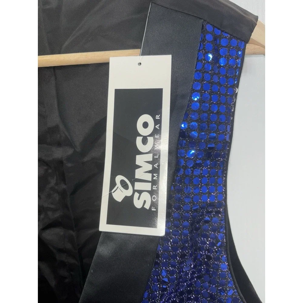 VTG NWT Simco Formalwear 42L Long Royal Blue Sequin Tuxedo Vest Shawl Lapel Prom